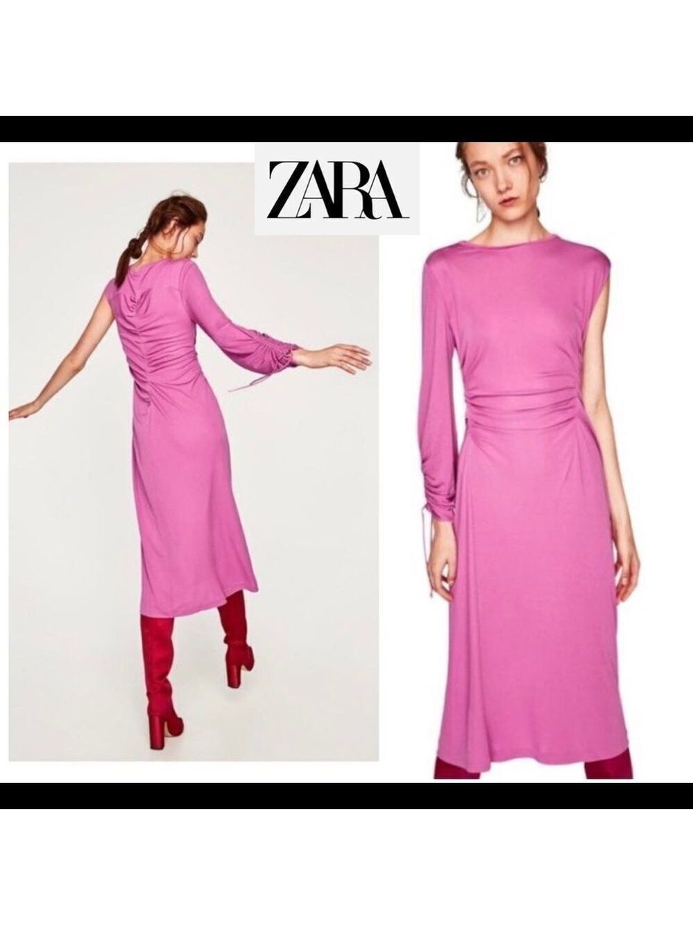 ZARA purple magenta Cinched Asymmetric One Sleeve Dress Sz M/L NWT